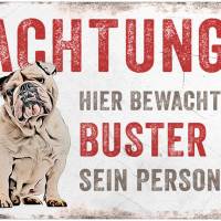 Hundeschild ACHTUNG! (Englische Bulldogge) mit Hundename, wetterbeständiges Warnschild Bild 1