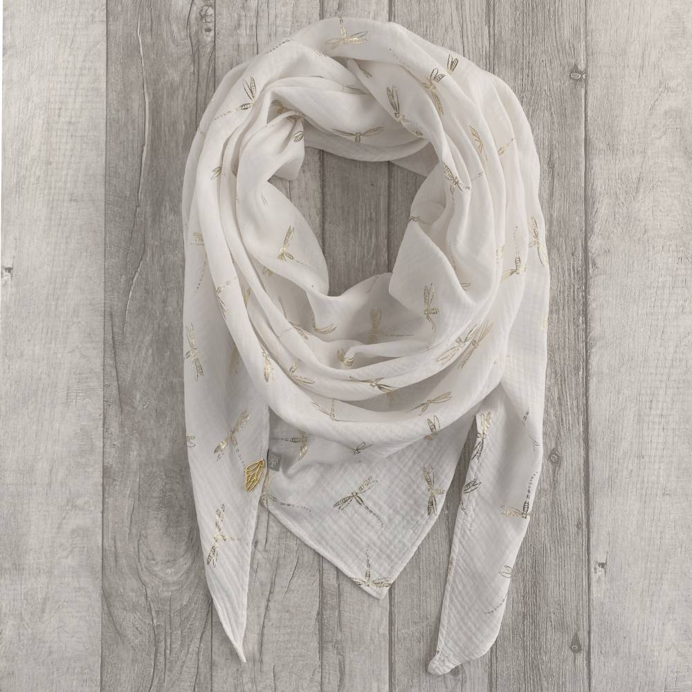 Musselintuch XL Libellen Weiß/Gold Halstuch Dreieckstuch