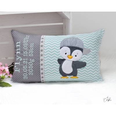 Namenskissen Stickdatei Pinguin, personalisiertes Kissen mit Name, Geburtskissen, Kuschelkissen, Junge Mädchen, Geschenk
