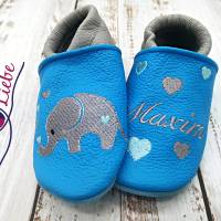 Bio Krabbelschuhe mit Namen für Baby und Kinder (Öko Lederpuschen) mit Elefant Herzen - personalisierte Lauflernschuhe Bild 4