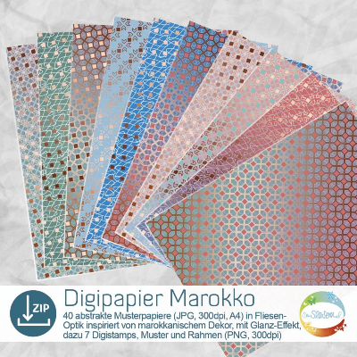 Digipapier Marokko, abstraktes Muster mit Glanz-Effekt, 40 Digi-Papiere mit marokkanischem Musterverlauf, Fliesenmuster