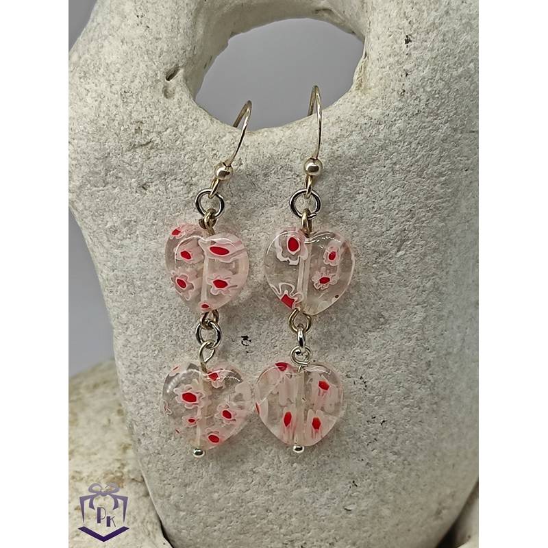Süßer Ohrschmuck, Ohrhänger mit 2 Herzen aus Glas im Millefiori Stil in rosa, rot Bild 1