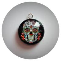 Cabochon mit Skull, Totenkopf,  Blütenmuster und edelstahlfarbener Fassung und schwarzem Textilband Bild 1