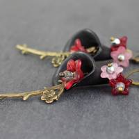 Blütenohrringe, Kirschblüten, schwarz, rosa und rot, Ohrringe floral Bild 2