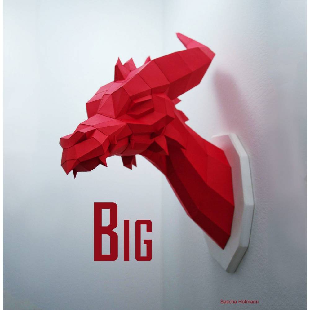 Großer Drache - ein Paperwolf Bastelbogen, Fantastisches Tier, Fantasy Fan Skulptur, Deko für Erwachsene, Drachenfans Roter Drachenkopf Bild 1