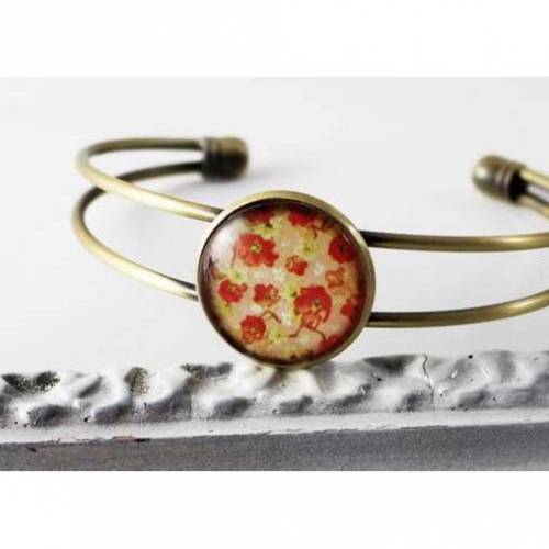 Armband Armreif mit Mohnblumen, rot mit beige natur, nostalgisch shabby Fassung in bronze mit Glasstein, Hipster