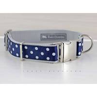 Hundehalsband, Hund, Halsband, Punkte, dunkelblau, weiß, Dots, hellgrau, blau, silber, 30mm, Hunde, Welpe, Haustier, trendy, modern Bild 1
