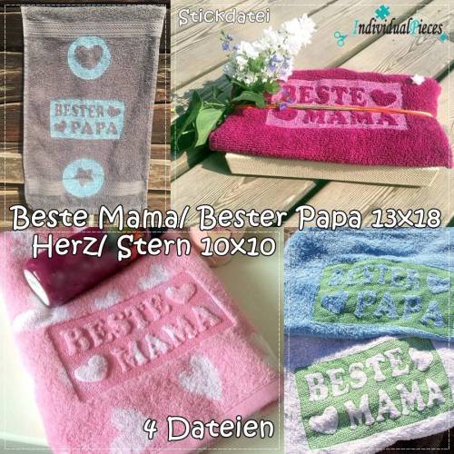 Stickdatei *embossed* BESTE MAMA und BESTER PAPA 13x18 mit Herz und Stern 10x10
