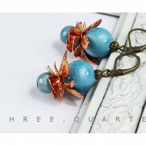 Ohrringe, hellblau, kupfer, rot, blau, antik, Blumen, schick, edel, Metall, Blüten, Blätter, filigran, Hochzeit, Braut, nostalgisch