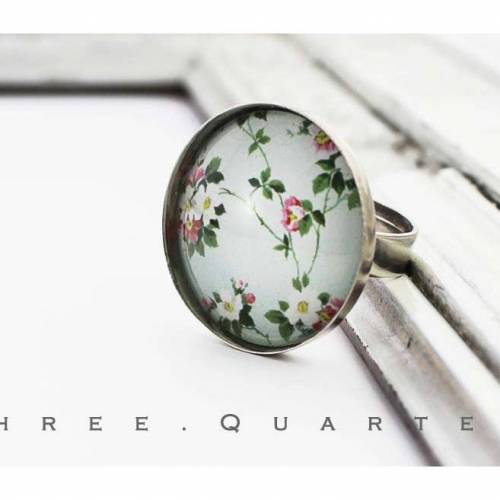 Ring, silber, Rosen, hellblau, shabby, chic, edel, Blumen, Cabochon, floral, Glas, verstellbar, romantisch, nostalgisch, Blätter