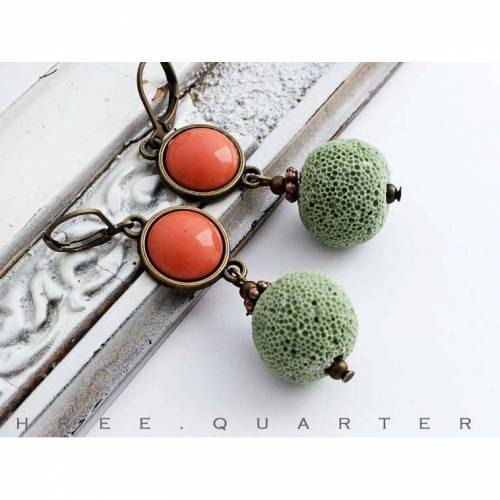 Ohrringe, lindgrün, orange, hellgrün, Sommer, Stein, Lavaperlen, grün, antik, bronze, Hochzeit, Geschenk, Cabochon, ausgefallen, chic