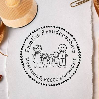 Familienstempel mit Namen - Figuren - Männchen - Adressstempel - Holzstempel personalisiert - 378