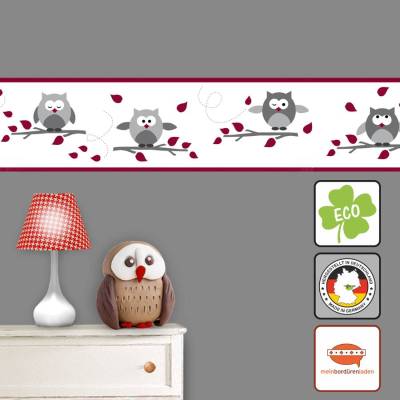 ECO Kinderbordüre: Kleine lustige Eulen im Herbst - grau rot - 12 cm Höhe