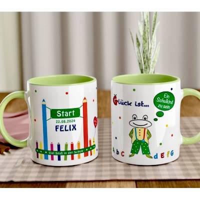 personalisierte Tasse Einschulung mit Namen, ABC Design, erster Schultag, Glück ist, ein Schulkind zu sein