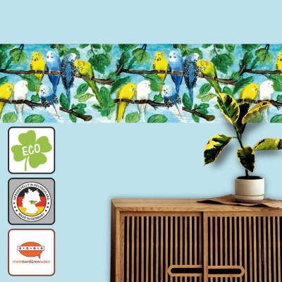 ECO Wandbordüre: Wellensittiche nach Pastellkreideart - 18 cm Höhe