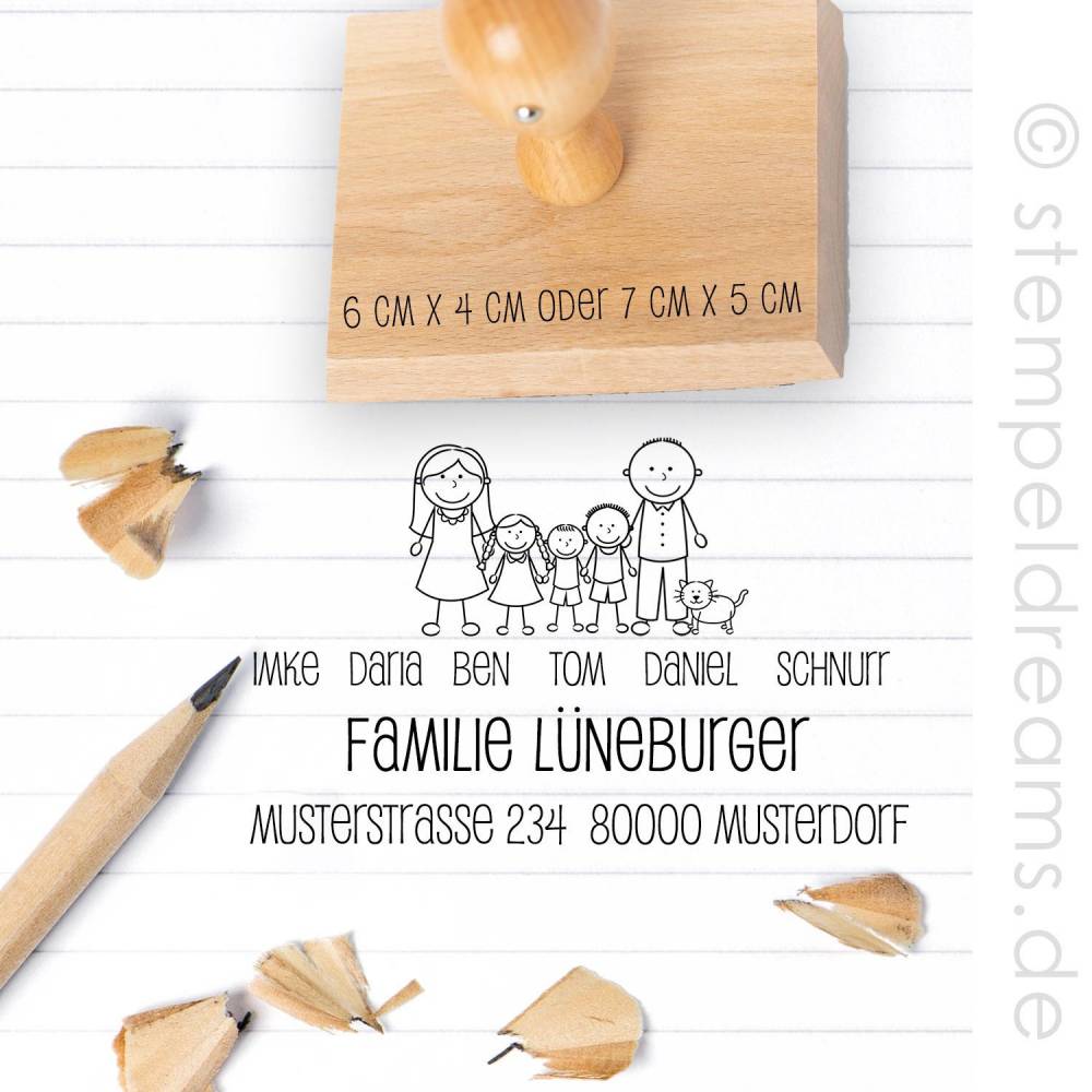 Familienstempel - Adressstempel  - Figuren - personalisiert - individualisiert - Holz - verschiedene Größen - Motiv: Familie Lüneburger 376 Bild 1
