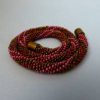 Halskette Spirale, Häkelkette braun mit koralle, 46 cm, Perlenkette aus Perlen gehäkelt, Rocailles, Häkelschmuck Bild 1