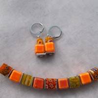 *Sunset*  Collier Kette Stahlband mit Keramik - Perlen und passenden Ohrhänger in rot orange Bild 1