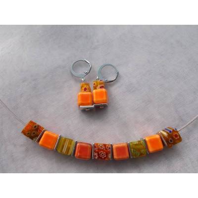 *Sunset* ♥ Collier Kette Stahlband mit Keramik - Perlen und passenden Ohrhänger in rot orange