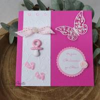 Glückwunschkarte zur Geburt BABY Mädchen rosa-pink-weiß mit Schmetterling Bild 1