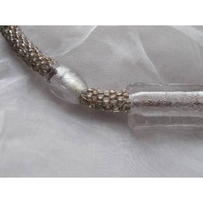 Kette  *BIG WHITE SILVER* metallic kristall  gehäkelte Halskette Perlenkette Glasperlen Rocailles