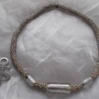 Kette  *BIG WHITE SILVER* metallic kristall  gehäkelte Halskette Perlenkette Glasperlen Rocailles Bild 2