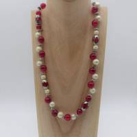 Glasperlenkette 2fädig gefädelt, rot mit weiss und silber, 52 cm, Halskette aus Glasperlen, Perlenkette Bild 2