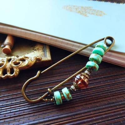 Schalnadel Art Déco Chic - sehr große Bronze Schmucknadel mit Türkis und böhmischer Glasperle N10-AB-15