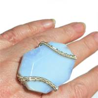 Großer Ring Chalcedon 40 x 30 mm babyblau handgemacht in wirework silberfarben boho Handschmuck Bild 5