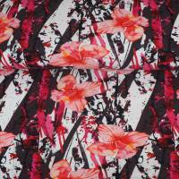 French Terry abstraktes Muster mit Hibiskusblüten - schwarz weiß pink - Stoffe Meterware Bild 1
