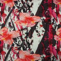 French Terry abstraktes Muster mit Hibiskusblüten - schwarz weiß pink - Stoffe Meterware Bild 2