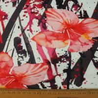 French Terry abstraktes Muster mit Hibiskusblüten - schwarz weiß pink - Stoffe Meterware Bild 3