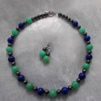 *Deep Sea*  Kette und passenden Ohrhänger in grün blau silber aus Edelstein-Perlen Aventurin Lapislazuli + Hämatit Bild 1