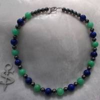 *Deep Sea*  Kette und passenden Ohrhänger in grün blau silber aus Edelstein-Perlen Aventurin Lapislazuli + Hämatit Bild 2