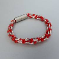 Armband, Häkelarmband rot silber, Länge 18 cm, aus Perlen und Stiftperlen gehäkelt, Glasperlen, Armkettchen, Schmuck Bild 1