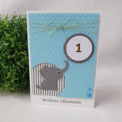 Glückwunschkarte zum 1. Geburtstag oder anderem Lebensjahr, Kindergeburtstag mit Elefant Blau-Grau-Gold