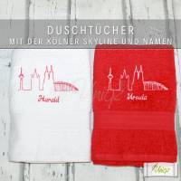 2 Duschtücher mit Namen und der Kölner Skyline, Geschenkidee zur Hochzeit - Wohnungseinweihung Bild 1