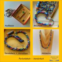 Halskette, Häkelkette Rauten bunt mit gelb, 52 cm, Perlenkette aus Glasperlen gehäkelt, Rocailles, Häkelschmuck Bild 5