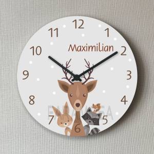 Uhr Kinderzimmer Wanduhr Waldtiere Tiere Mädchen Junge Uhr 25 cm Hirsch Waschbär Bild 1