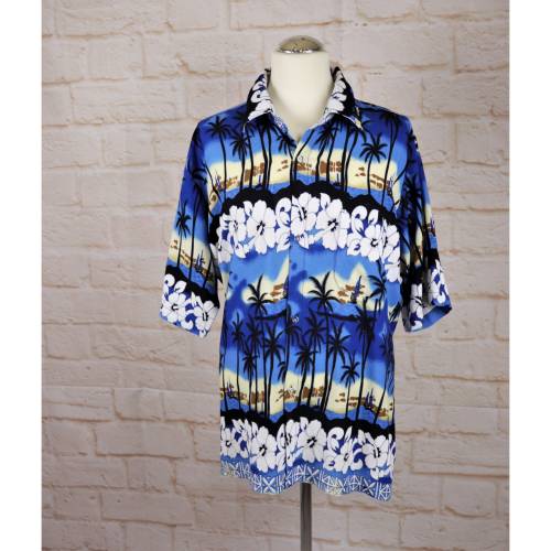 Vintage 90s Hawaii Herren Hemd Sommerhemd Größe L Blau Palmen Blumen Kurzarm