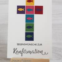 Grußkarte: Segenswünsche zur Konfirmation ~ Kreuz aus bunten Quadraten mit Fischen ~ 10,5 x 14,85 cm Bild 1