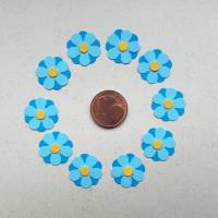 10 gestanzte Blümchen dreiteilig, hellblau/blau/gelb zum Basteln und Dekorieren Bild 1