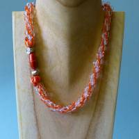 Halskette, Häkelkette orange + transparent, Länge 41cm, Perlenkette aus Glasperlenmix gehäkelt, Rocailles, Häkelschmuck Bild 3