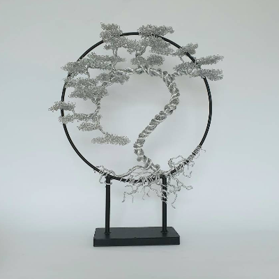 Drahtbaum im Asia Look/ Baum aus Draht/ Lebensbaum in Silberton mit Metallring Ständer/ Handgemachtes Einzelstück