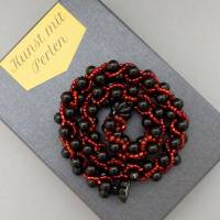 Halskette, Häkelkette rot und schwarz, Länge 45 cm, Perlenkette aus Glasperlenmix gehäkelt, Rocailles, Häkelschmuck Bild 1