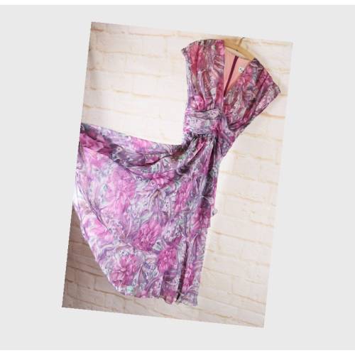 True Vintage 80er Damen Chiffon Kleid Größe 34 36 S Rosa Rosen Luftiges Sommerkleid Cocktail Tanzkleid