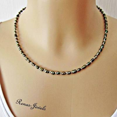 Süßwasserperlenkette braun grün – Zuchtperlen Kette handgefertigt von Renas-Jewels