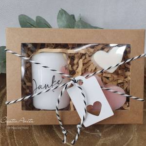 Handverziertes Kerzen-Set in Geschenkbox "Danke" & Seifenherzen - Geschenk - Kerzenset Bild 1