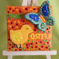Minibild Collage  FROHE OSTERN  Küken und Schmetterling auf einem Minikeilrahmen Geschenk zu Ostern Osterdeko Bild 1