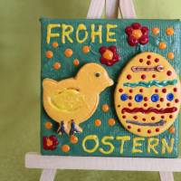 Minibild Collage  FROHE OSTERN  Küken und Osterei auf einem Minikeilrahmen Geschenk zu Ostern Osterdeko Bild 1